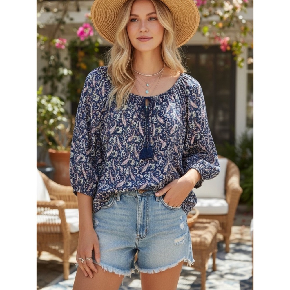 Denim & Supply Ralph Lauren Women's Paisley Print Boho Popover Blouse M Blue